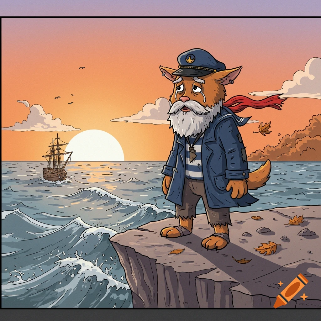 Sad cartoon cat captain with a beard on a cliff overlooking a wavy ocean with a ship at sunset.