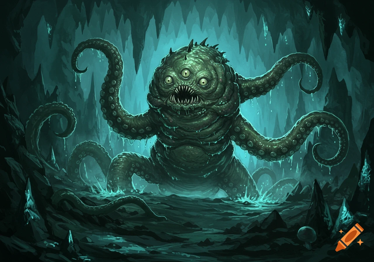 A grotesque, sickly green monster with three eyes and multiple tentacles lurks in a dark, glowing cavern, dripping with slime.