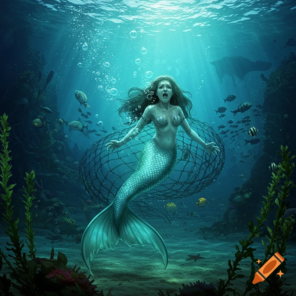 A distressed mermaid with long hair and a teal tail is caught in a fishing net under the ocean, surrounded by fish and coral.