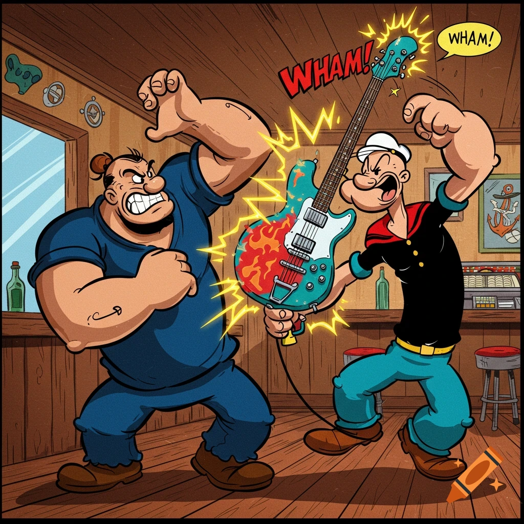 Popeye, dressed as a sailor, hits Bluto with an electric guitar in a cartoon bar. 'WHAM!' text appears above the action.