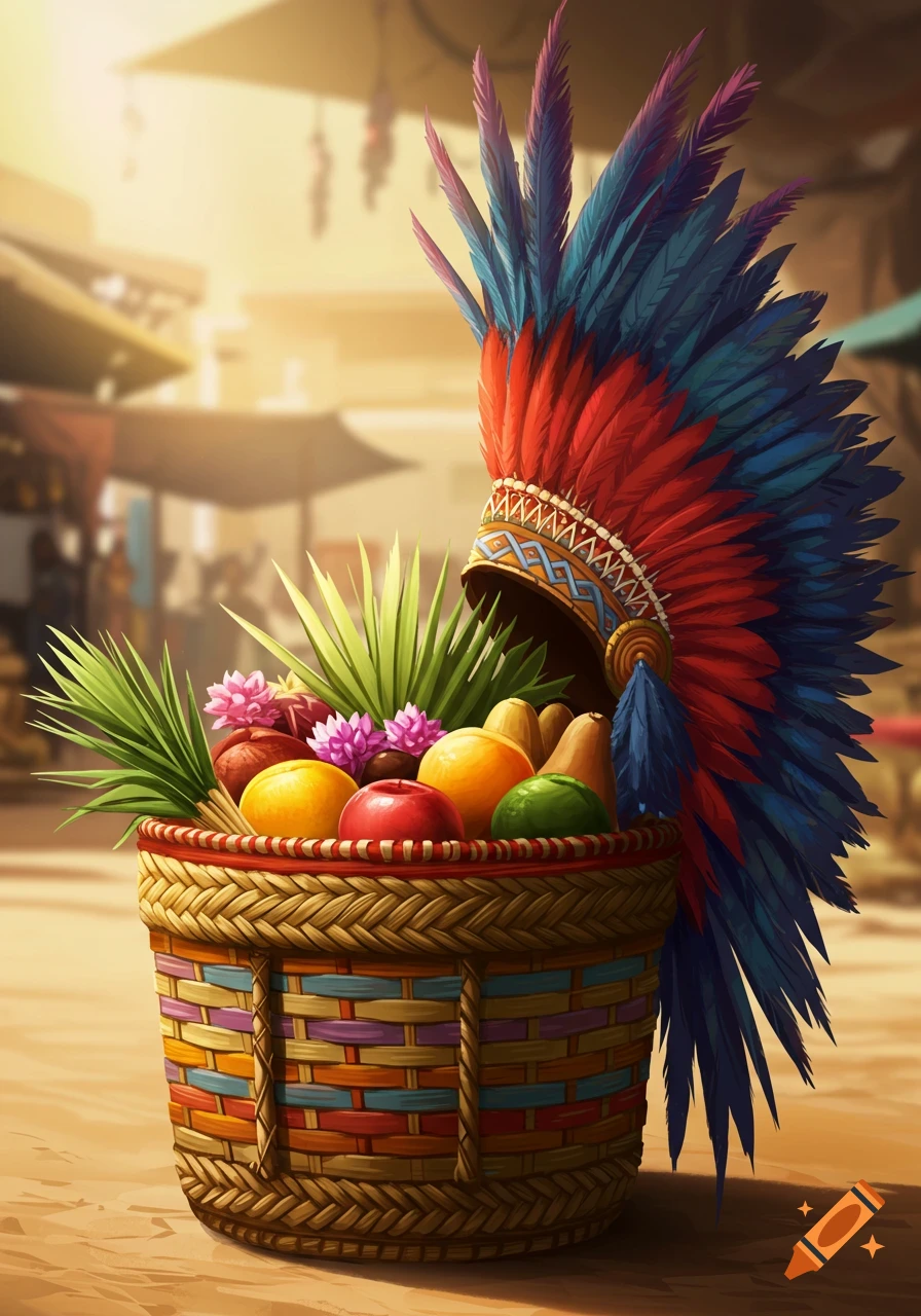A vibrant feathered headdress and a colorful basket of fruit and flowers in a market, digital art style.