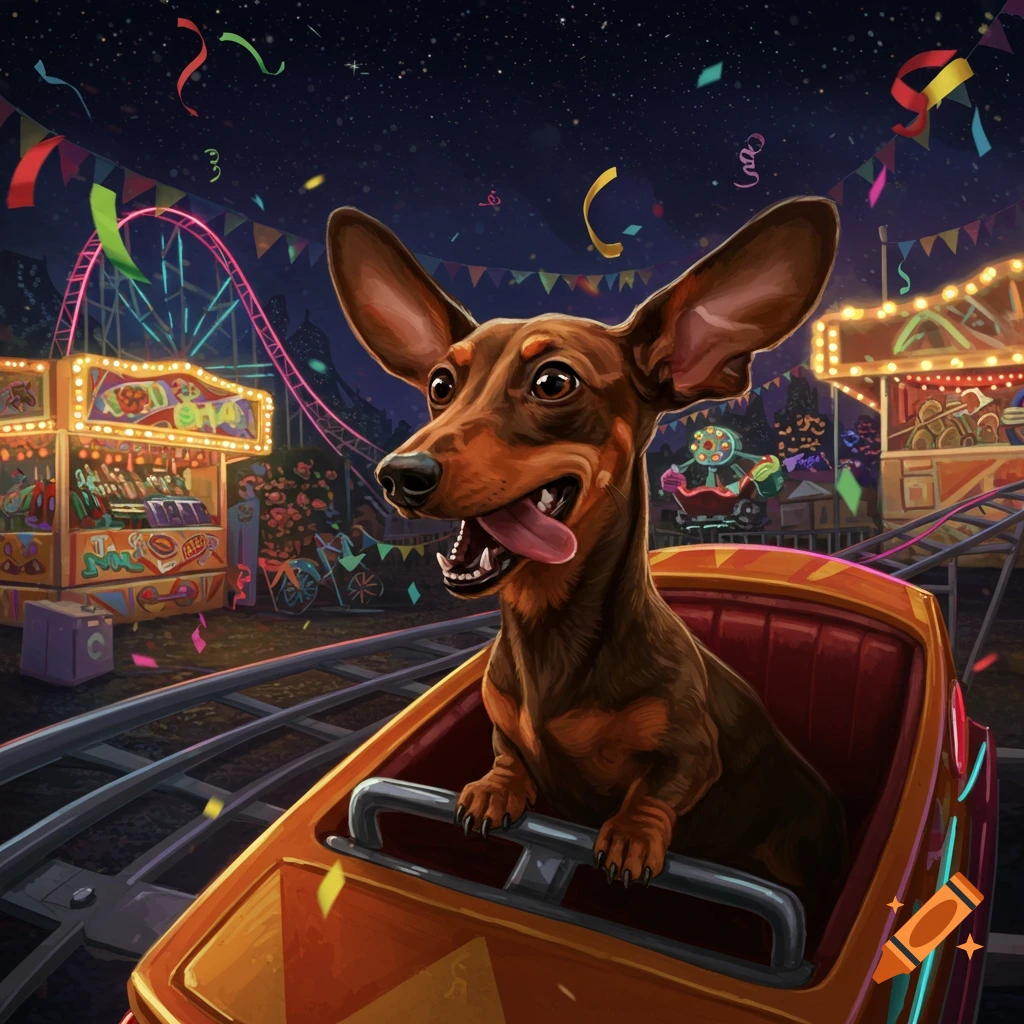 A happy dachshund with large ears rides a rollercoaster at a vibrant funfair under a starry night sky.