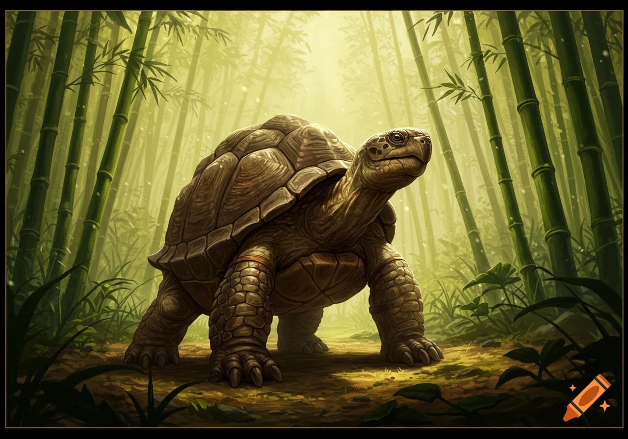 A large, detailed turtle stands proudly in a bright, sunlit bamboo forest, in an illustrative style.
