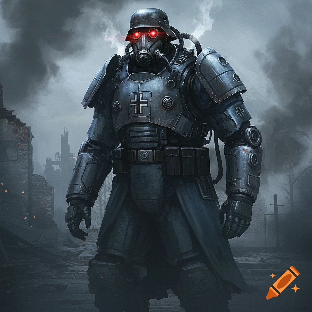 A dark, gritty image of a super soldier in a German-style helmet, gas mask, and heavy mechanical armor, standing in a destroyed city.