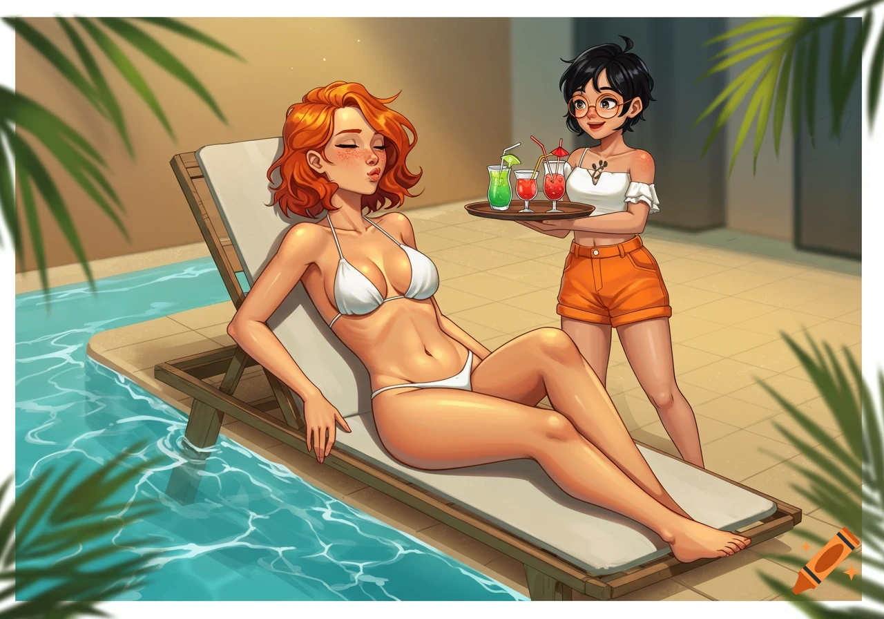 Digital illustration of a redhead woman in a white bikini on a pool lounge chair, being served drinks by her girlfriend.