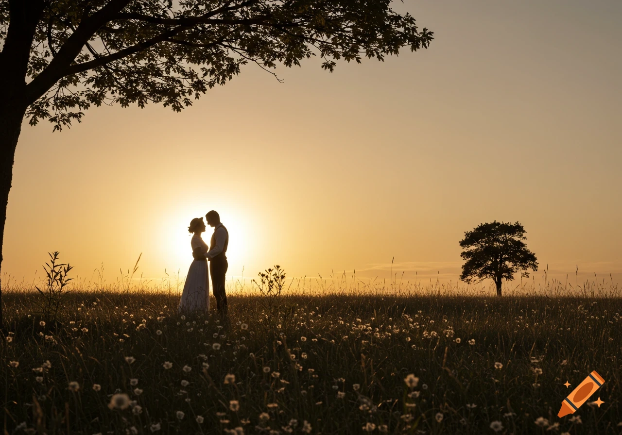 Silhouettes of a couple in a grassy field at sunset under a tree, with another tree in the distance.