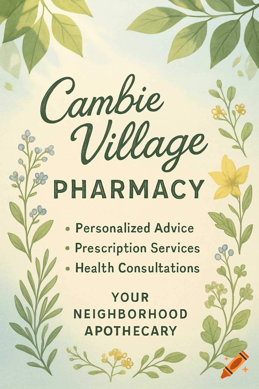 A cream-colored flyer for Cambie Village Pharmacy, adorned with green leaves and small flowers, listing pharmacy services in an illustrative style.