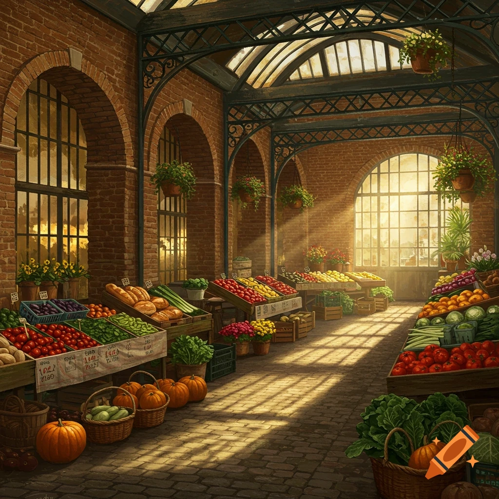 A vibrant indoor farmers market in a brick building with arched windows, sunbeams illuminating stalls of colorful fruits, vegetables, and bread.