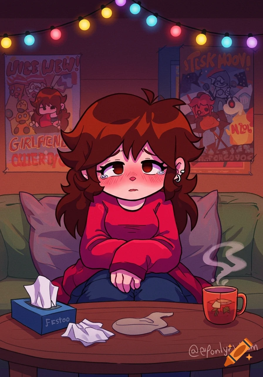 Cartoon Girlfriend from Friday Night Funkin' sits on a couch, looking sad and sick, with tissues and tea on a table.