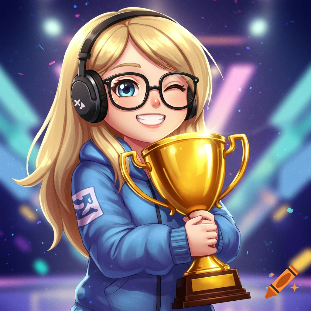 A cute blonde gamer girl with headphones and glasses winks and smiles, holding a gold trophy in a vibrant gaming arena.
