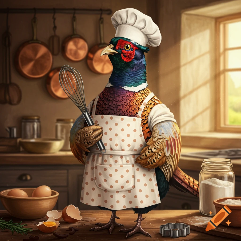 A pheasant wearing a polka dot apron and chef's hat, holding a whisk, standing in a rustic kitchen.