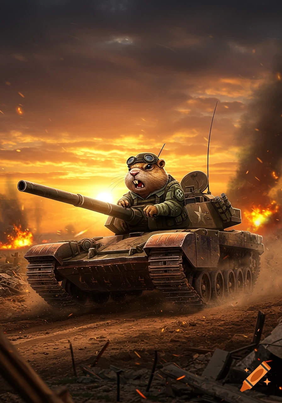 A cartoon gopher wearing goggles and a military uniform drives a tank through a war-torn, fiery landscape at sunset, in a detailed illustration.