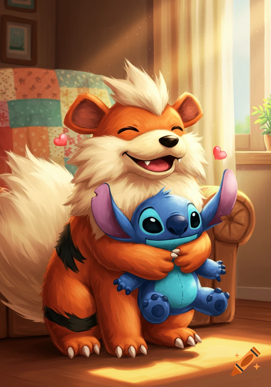 A cute, happy Growlithe cartoon character hugging a Stitch plushie indoors with a cozy quilt and sunny window.