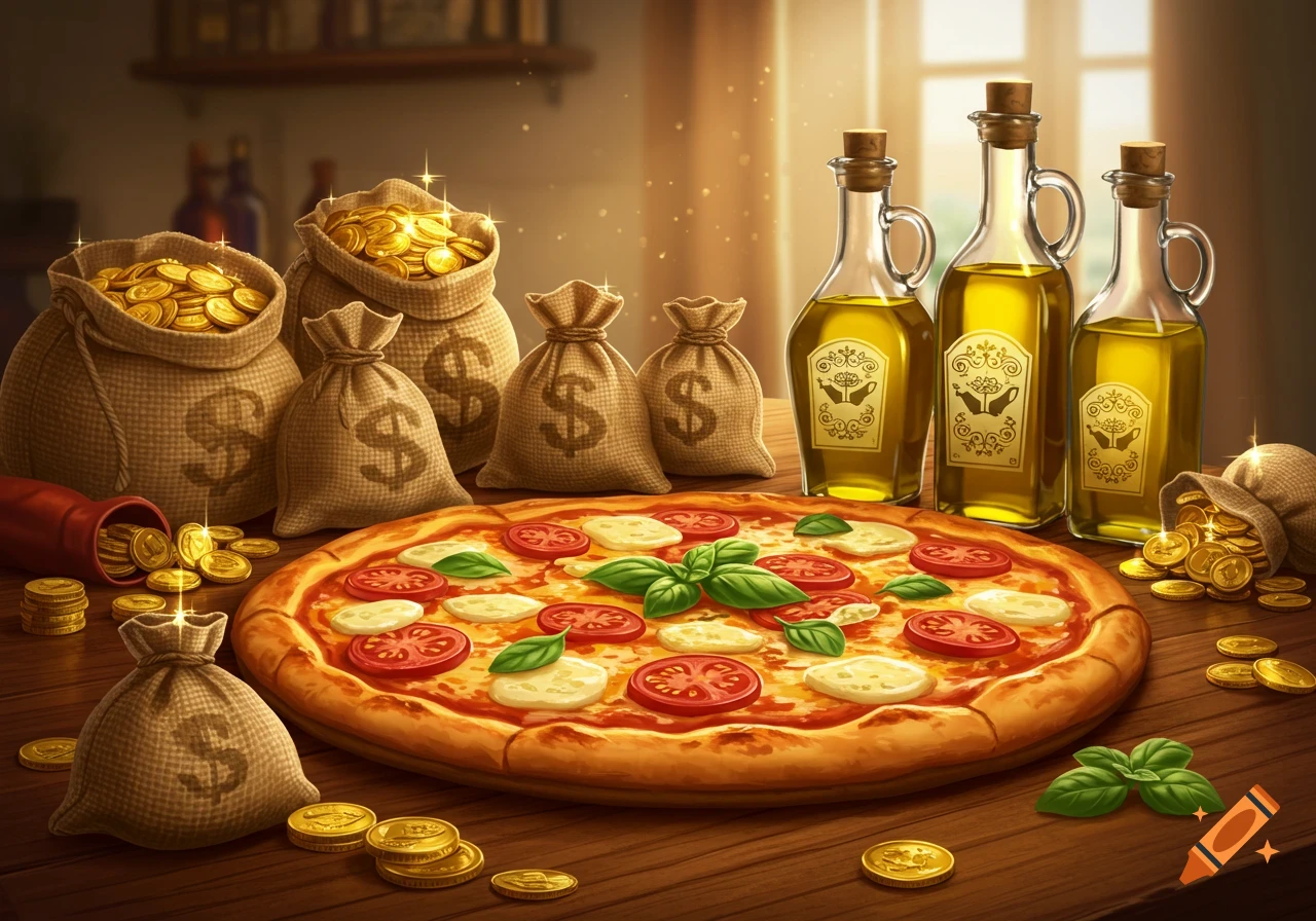 A photorealistic still life featuring a margherita pizza, bags of gold coins, and olive oil bottles on a wooden table.