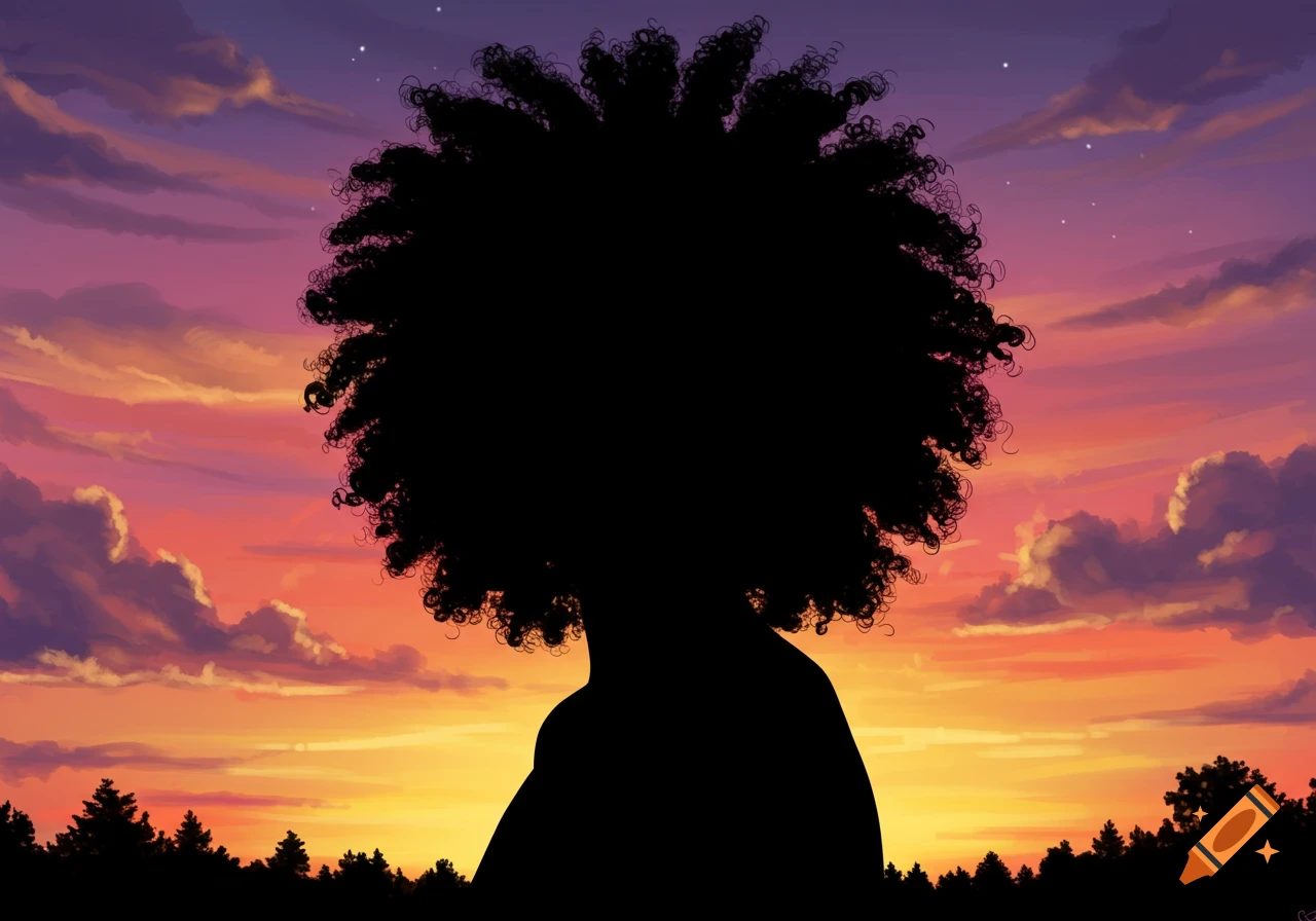 Illustration of a person with an afro silhouette against a vibrant sunset sky with clouds and a dark forest.