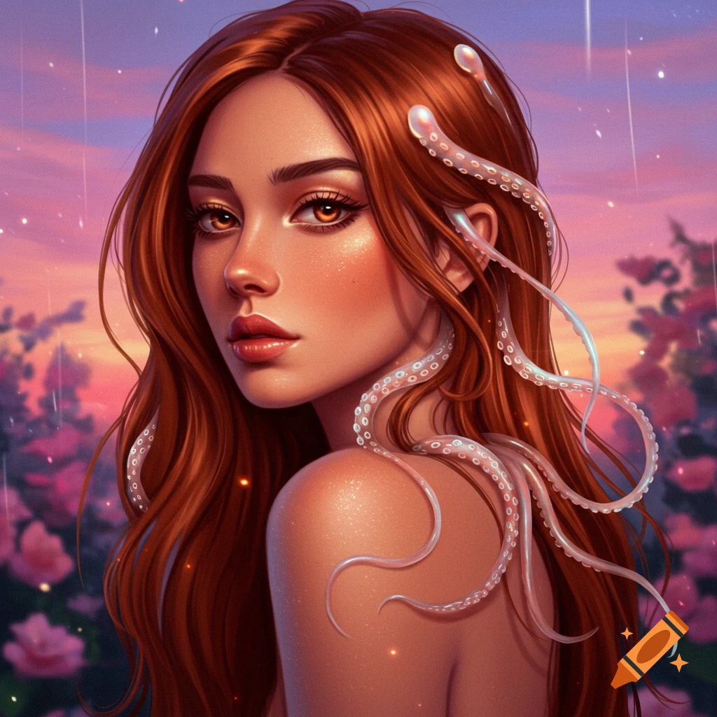Fantasy digital art of a red-haired woman with glowing eyes and translucent tentacles, against a pink sunset with flowers.