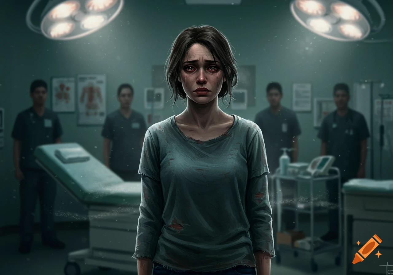 A crying woman with red eyes stands in a sterile hospital room, lit by overhead lights, with blurred doctors in the background.