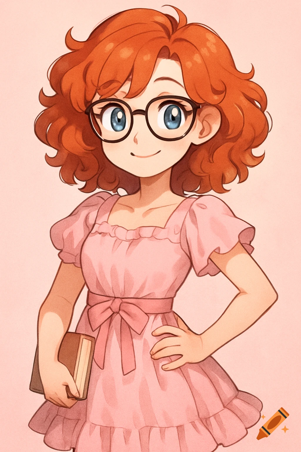 Anime-style young woman with curly red hair, glasses, and a pink dress, holding a book and smiling on a pink background.