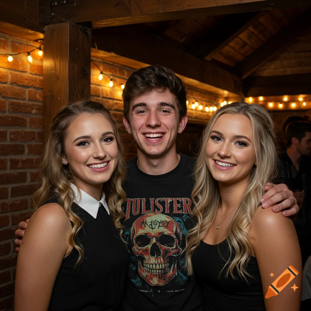 Three smiling young adults, two women and one man, in a cozy room with string lights and a brick wall.