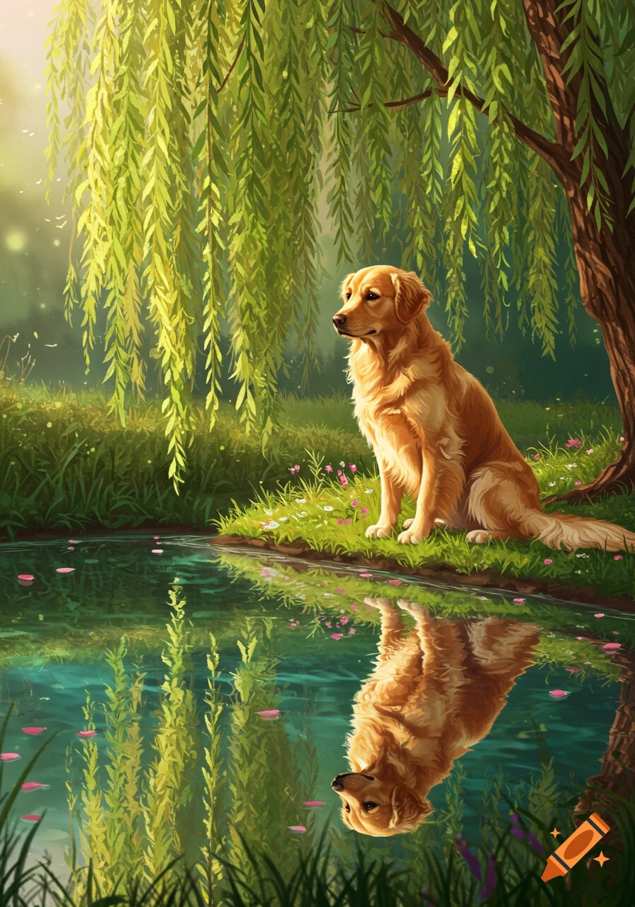 A golden retriever sits by a pond under a weeping willow, its reflection in the water, in a vibrant, painterly illustration.