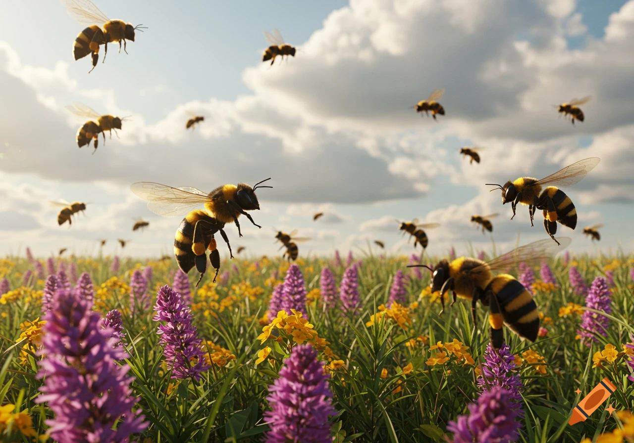 Close-up of bees flying and hovering over a vibrant field of purple and yellow wildflowers under a blue sky with clouds, photorealistic.