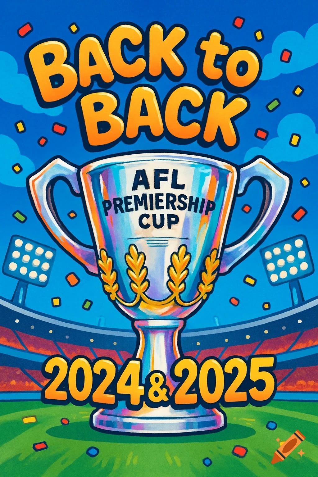Cartoon AFL Premiership Cup with 'Back to Back 2024 & 2025' text in a stadium.