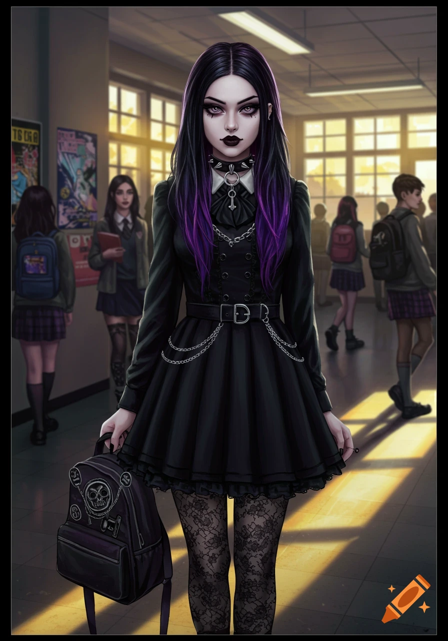 A gothic girl with purple-streaked black hair, dark makeup, and a black dress stands in a school hallway. Digital art.