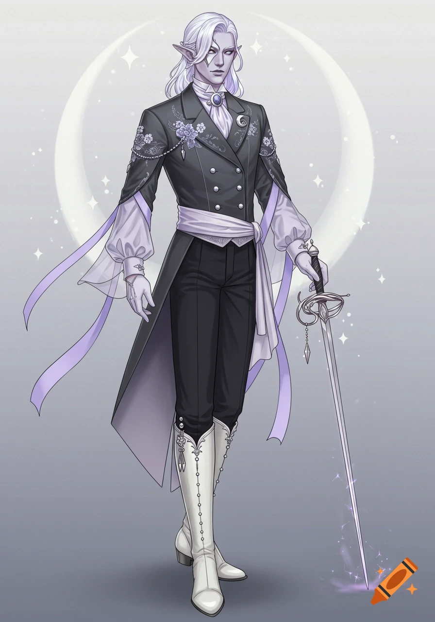 An elegant fantasy character with white hair, a charcoal tailcoat, ivory boots, and a glowing rapier. Illustrated.