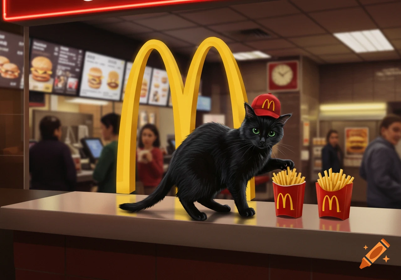 A black cat wearing a red McDonald's cap stands on a counter with two boxes of fries in a McDonald's restaurant.