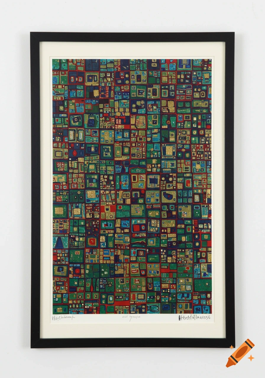 A framed, colorful abstract print in the Hundertwasser style, featuring a grid of small, vibrant geometric shapes.