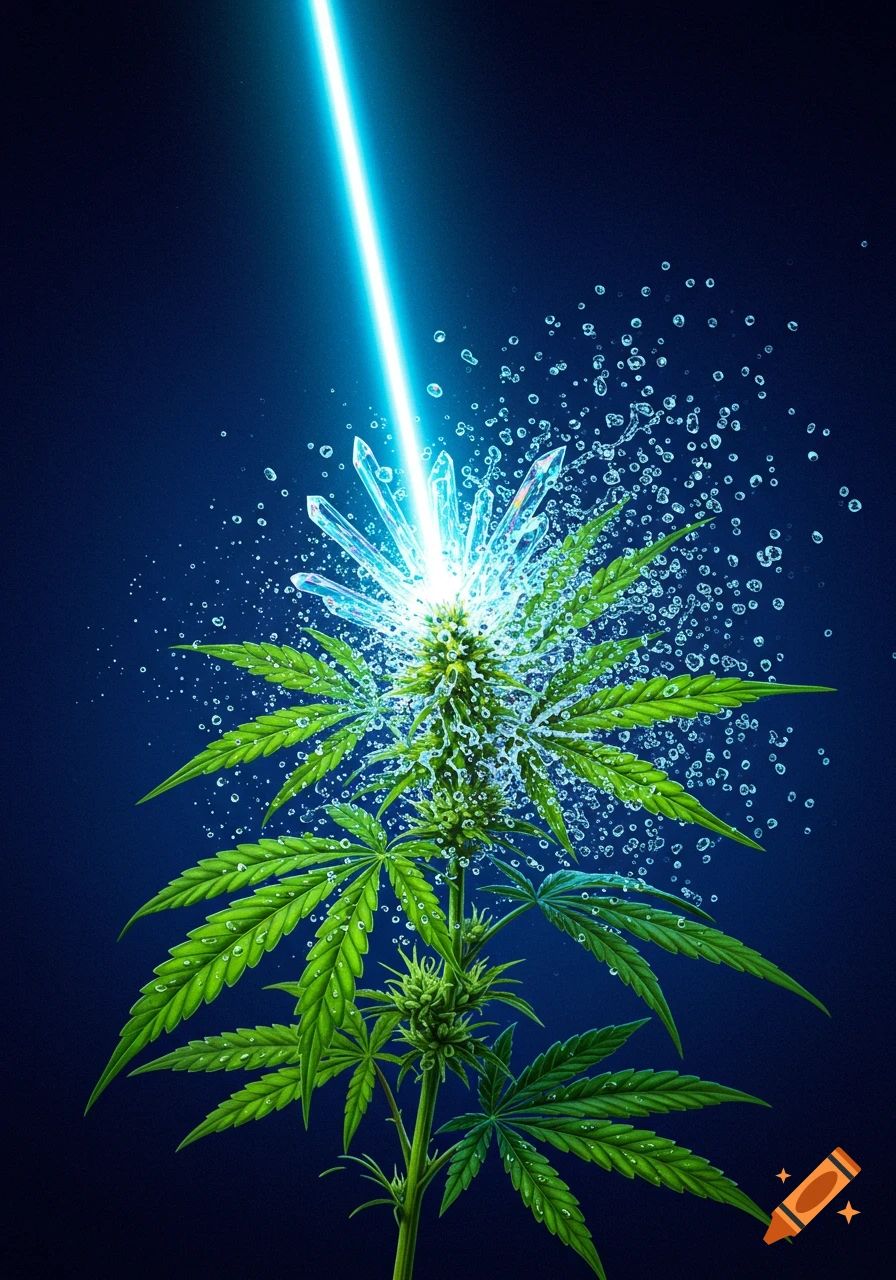 A cannabis plant is hit by a blue laser, creating a burst of crystals and water droplets on a dark blue background.