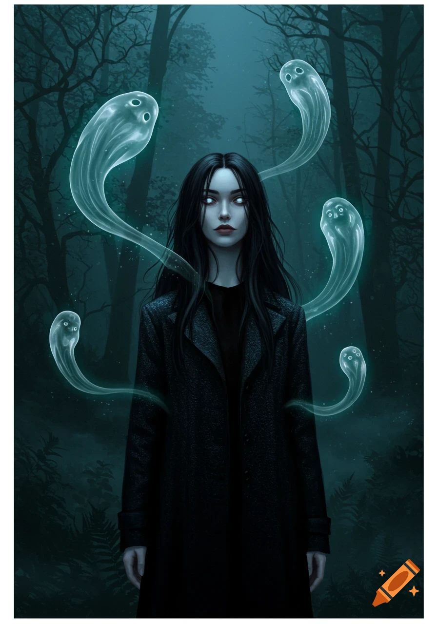 A black-haired woman with glowing white eyes stands in a dark, misty forest, surrounded by glowing, translucent ghosts. Digital art.