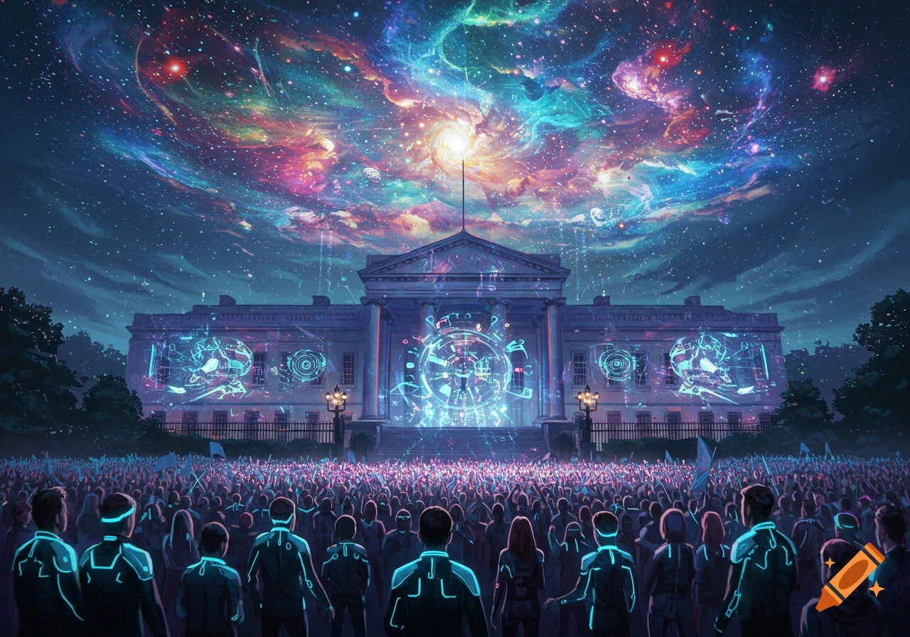 A futuristic crowd with glowing outlines stands before a grand building with tech projections under a vibrant, starry, cosmic sky.