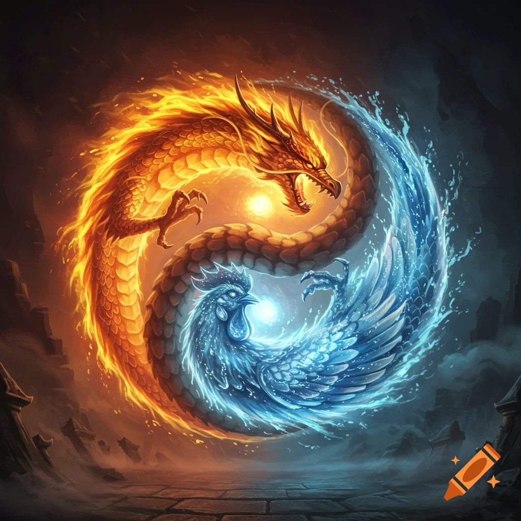 A fire dragon and water rooster form a circular Yin Yang symbol with glowing elements.