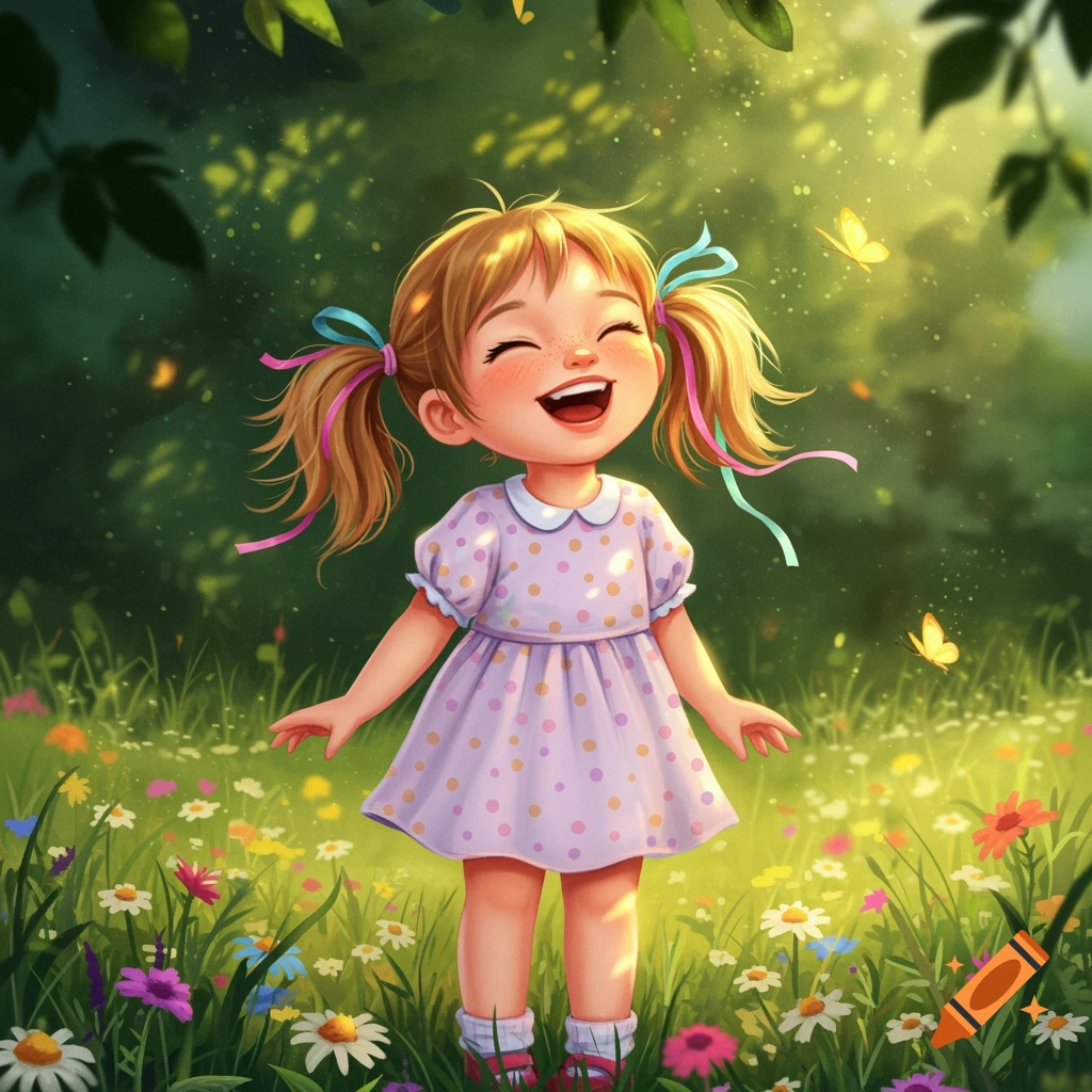 A cheerful cartoon girl with pigtails and ribbons laughs joyfully in a sunny meadow filled with colorful wildflowers and butterflies.