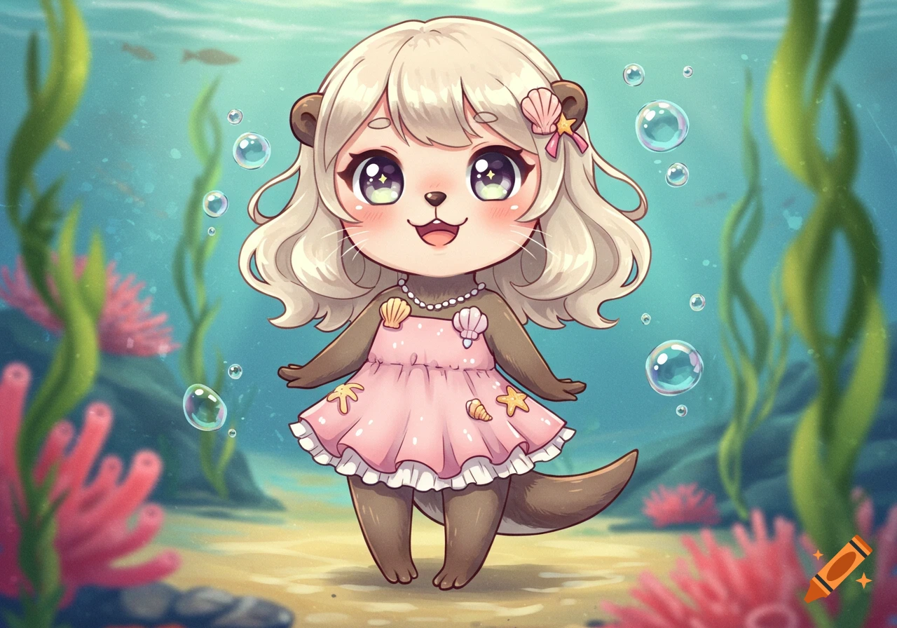 A kawaii chibi otter girl with blonde hair, wearing a pink dress and pearl necklace, standing in a bubbly underwater scene.