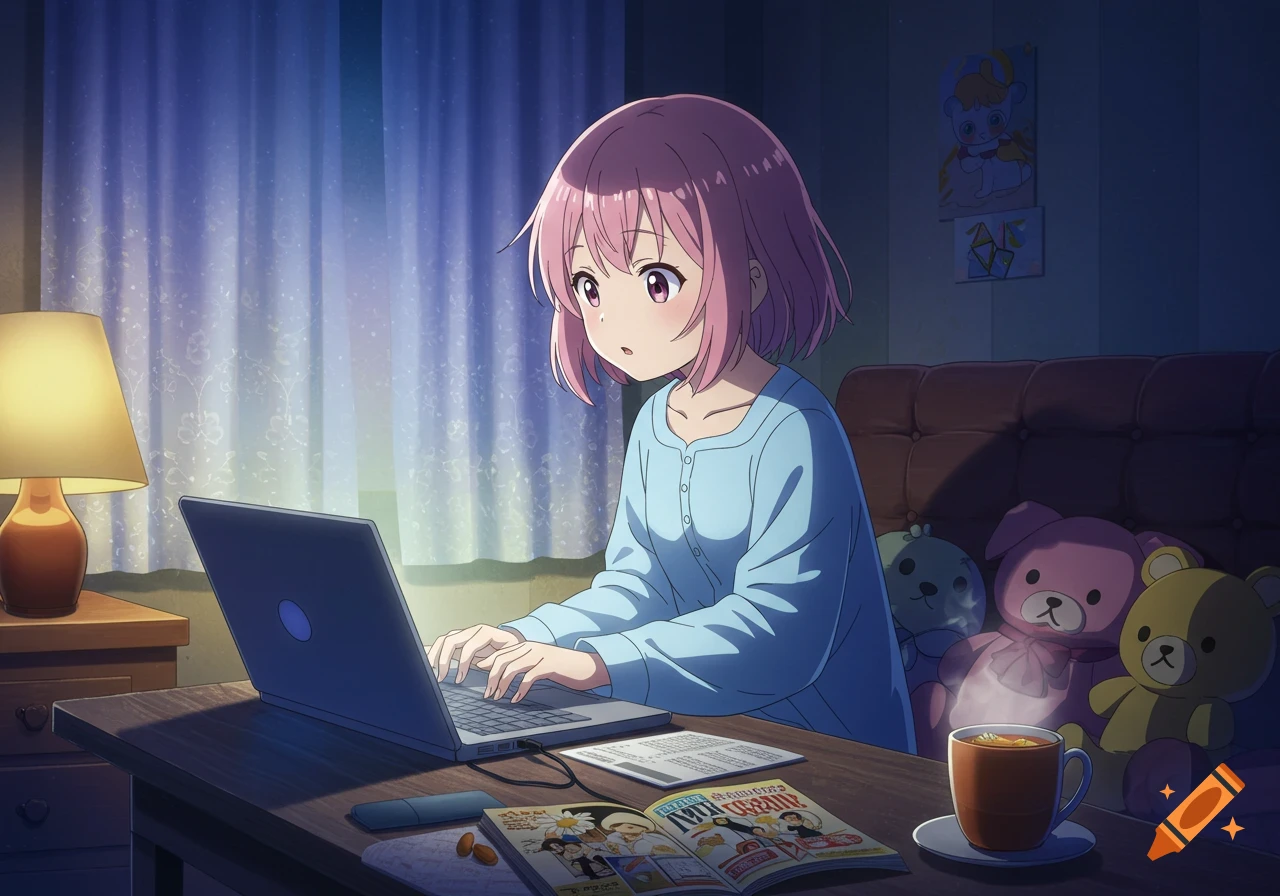 An anime girl with pink hair types on a laptop at a desk in a dimly lit room, with stuffed animals on a couch in the background.