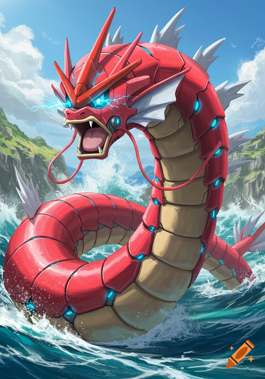 A red robotic Shiny Gyarados with glowing blue eyes rises from a stormy blue ocean, with green mountains in the background.
