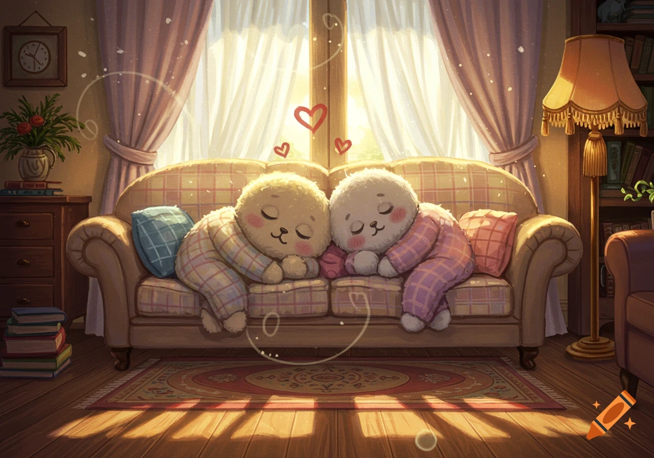 Two cute, fluffy creatures in pajamas sleep on a cozy sofa in a sunlit living room with hearts floating above them, in a warm illustration style.