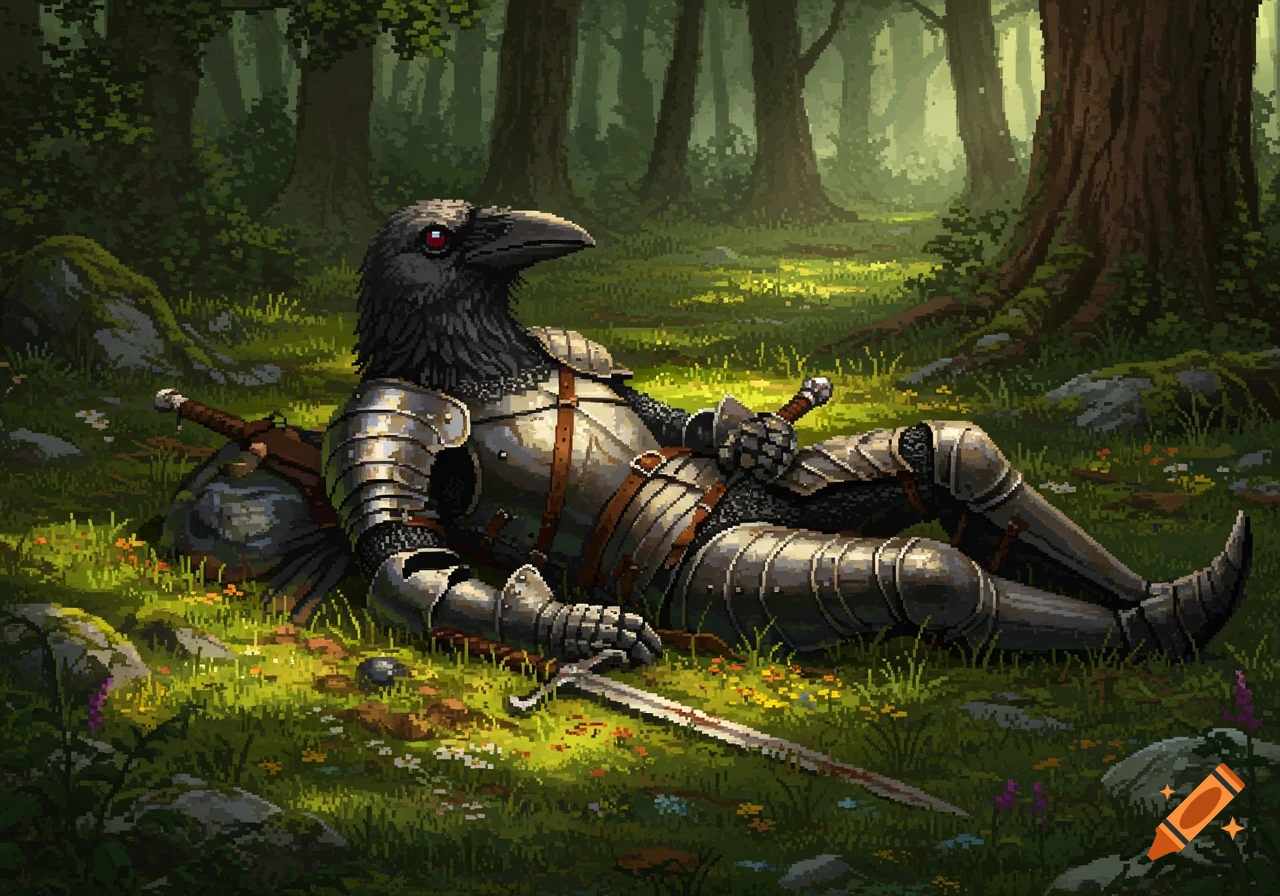 Pixel art of a crow-headed knight in full armor resting on a forest floor, a sword lying beside him.