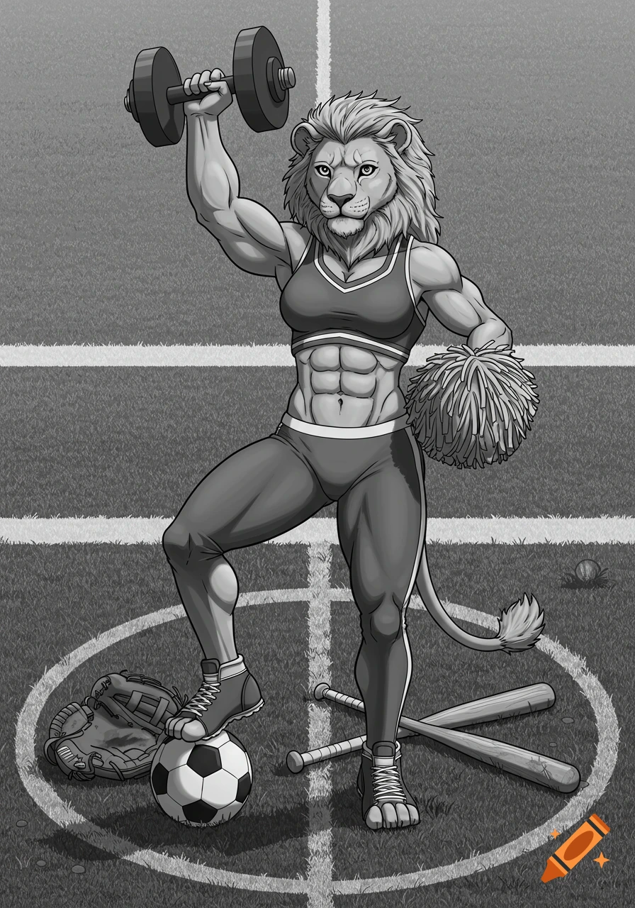 Greyscale cartoon of a muscular anthropomorphic lioness in athletic wear, holding a dumbbell and pom-pom on a sports field.