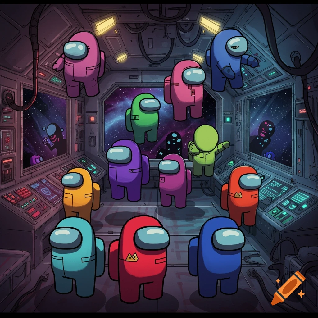 Colorful Among Us crewmates gather in a detailed spaceship control room, looking out at the starry galaxy.