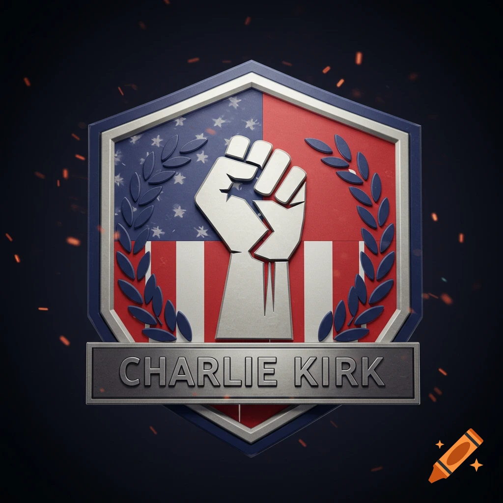 Metallic shield emblem with a raised fist, American flag pattern, olive branches, and 'CHARLIE KIRK' text.
