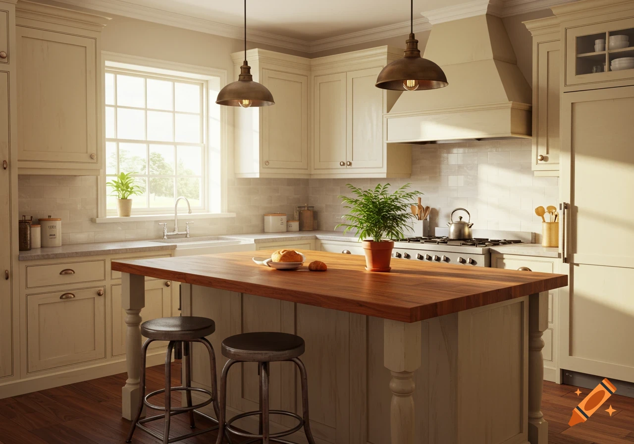 A photorealistic view of a warm, inviting farmhouse kitchen with a butcher block island, two bar stools, pendant lights, and a potted plant.