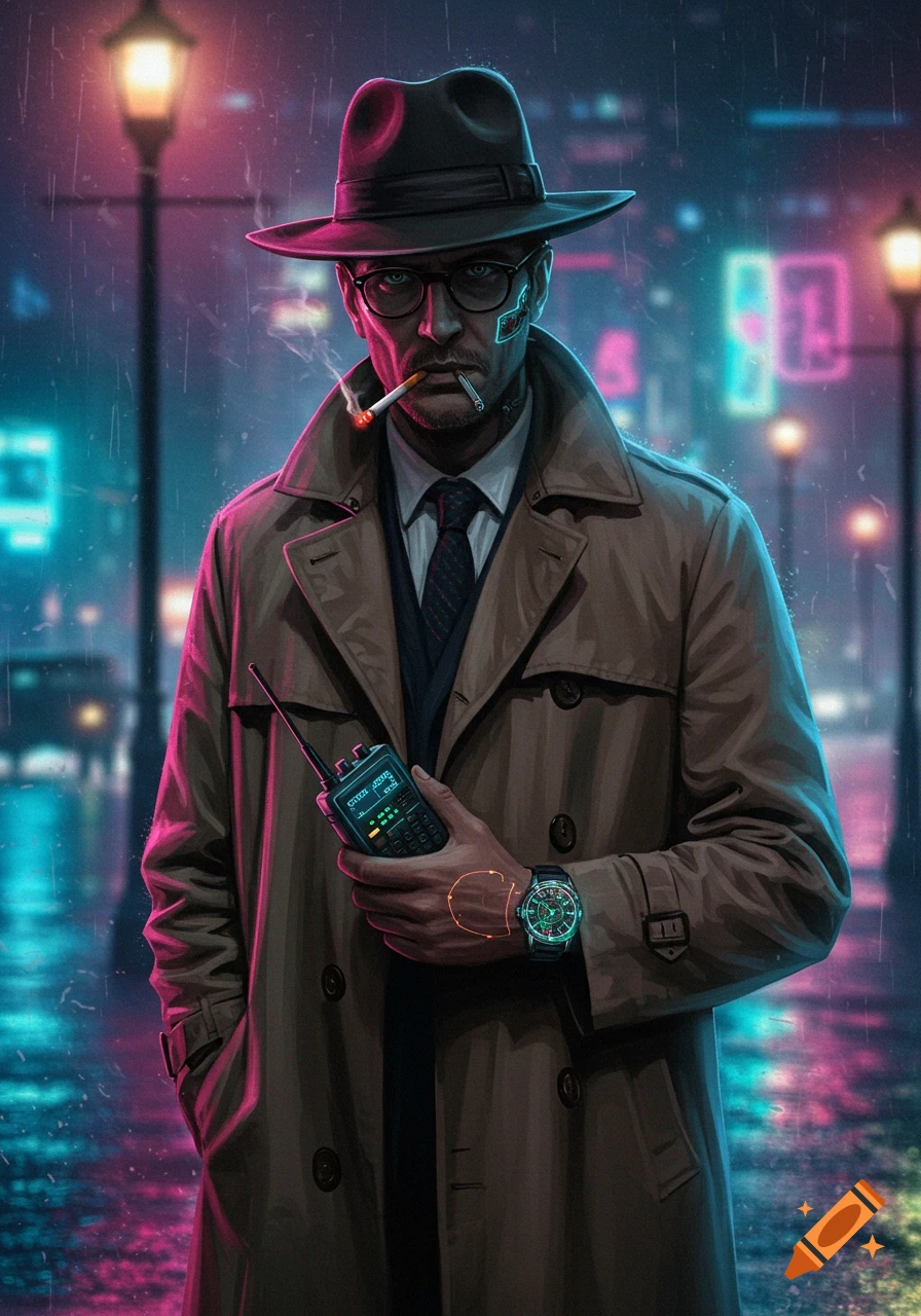 A man in a fedora and trench coat smokes a cigarette while holding a futuristic radio, standing in a neon-lit, rainy cyberpunk city street.