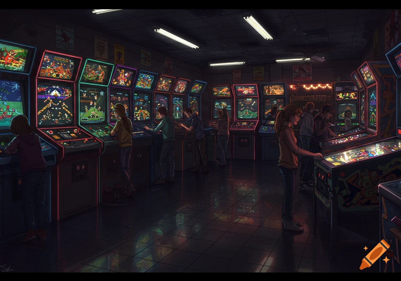 An arcade full of people playing various brightly lit video games and pinball machines in a dimly lit room.