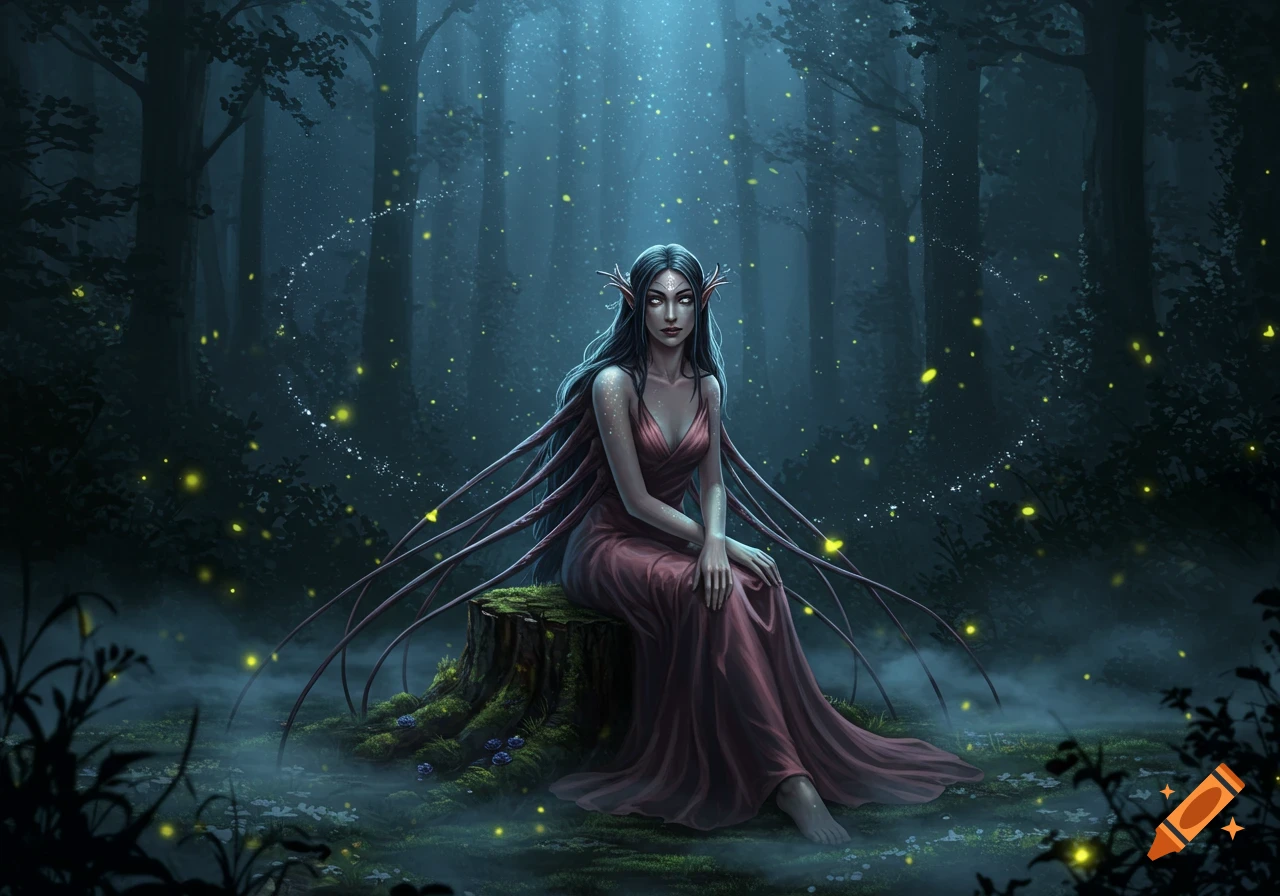 A dark-haired fantasy woman with tendrils and white eyes sits on a stump in a moonlit forest with fireflies.
