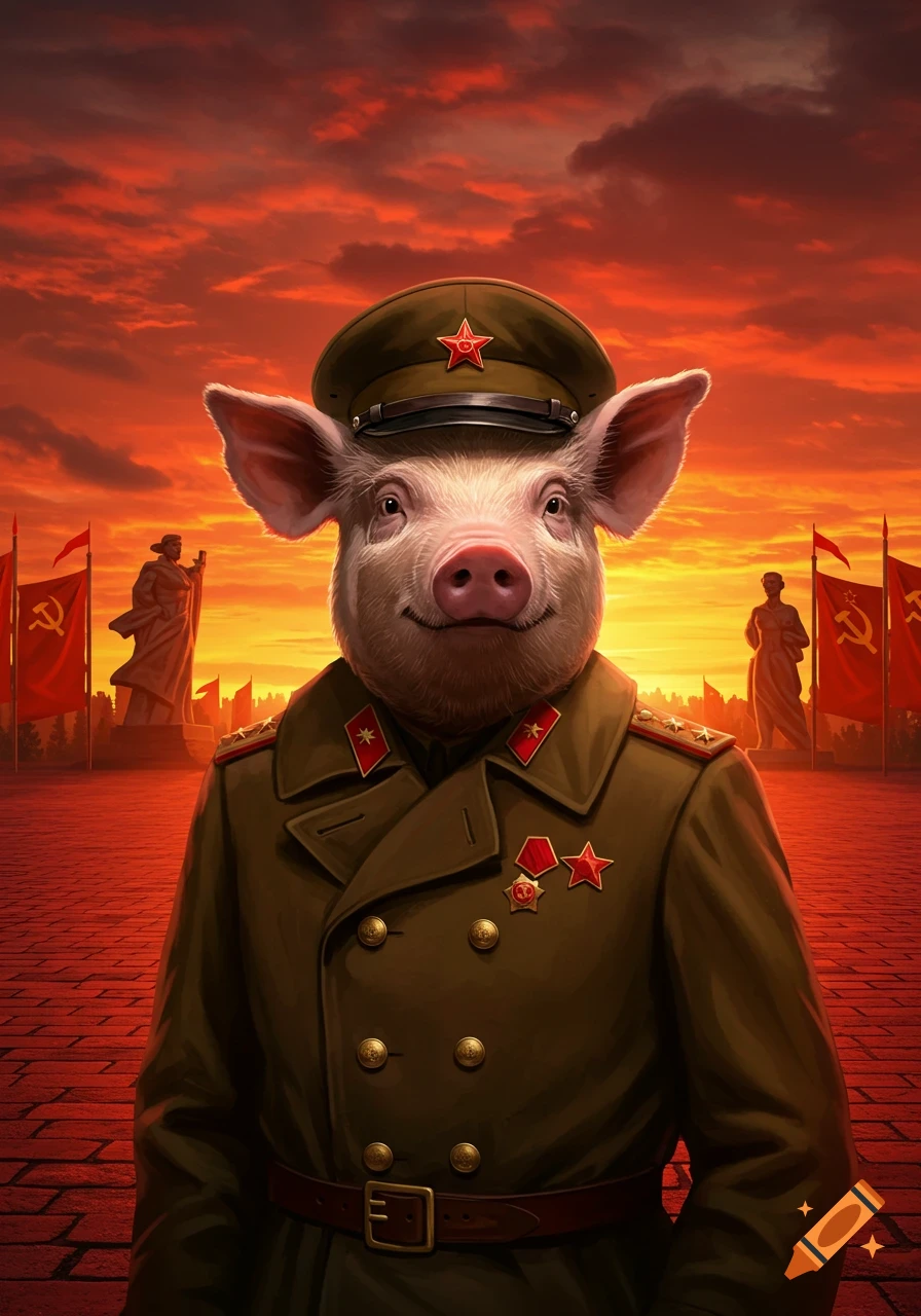 A photorealistic pig in a Soviet military uniform and hat, with red flags and statues under a fiery red sky.