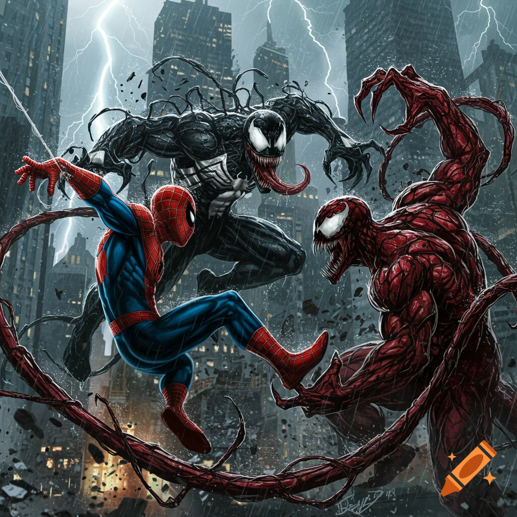 Spiderman battling Venom and Carnage in a rainy, lightning-filled city with skyscrapers in a dramatic comic book art style.