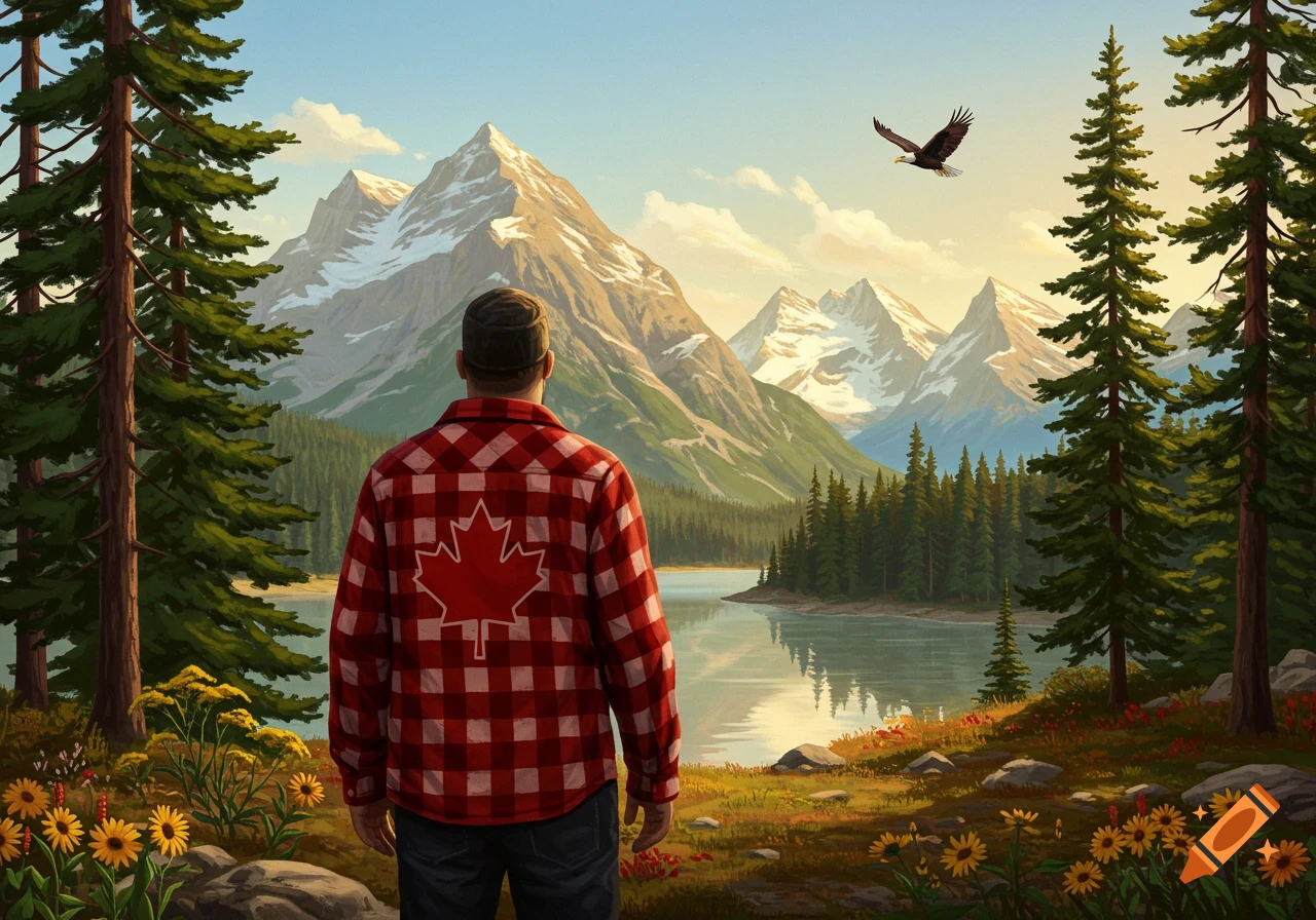 Man in red plaid shirt with a Canadian maple leaf on his back stands by a lake, looking at a vast mountain and forest landscape with an eagle flying.